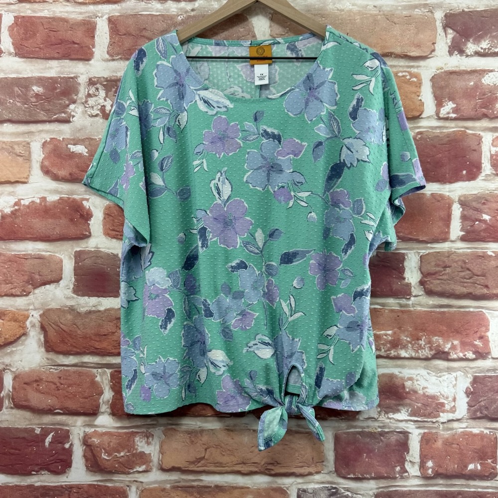 Ruby Rd Top Women's 1X Green Garden Floral Swiss Dot Tie Waist Casual Shirt